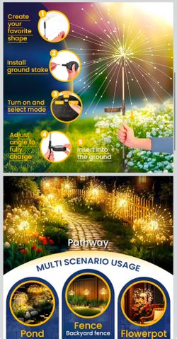 GIGALUMI 2 Pack Solar Firework Lights Outdoor, Garden Decor, Warm White
120 LEDs, Fairy Design, Waterproof, Garden Decor, Solar Powered for Yard, Path