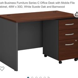ush Business Furniture Series C Office Desk with Mobile File Cabinet, 48W x 30D, White Suede Oak and Barnwood