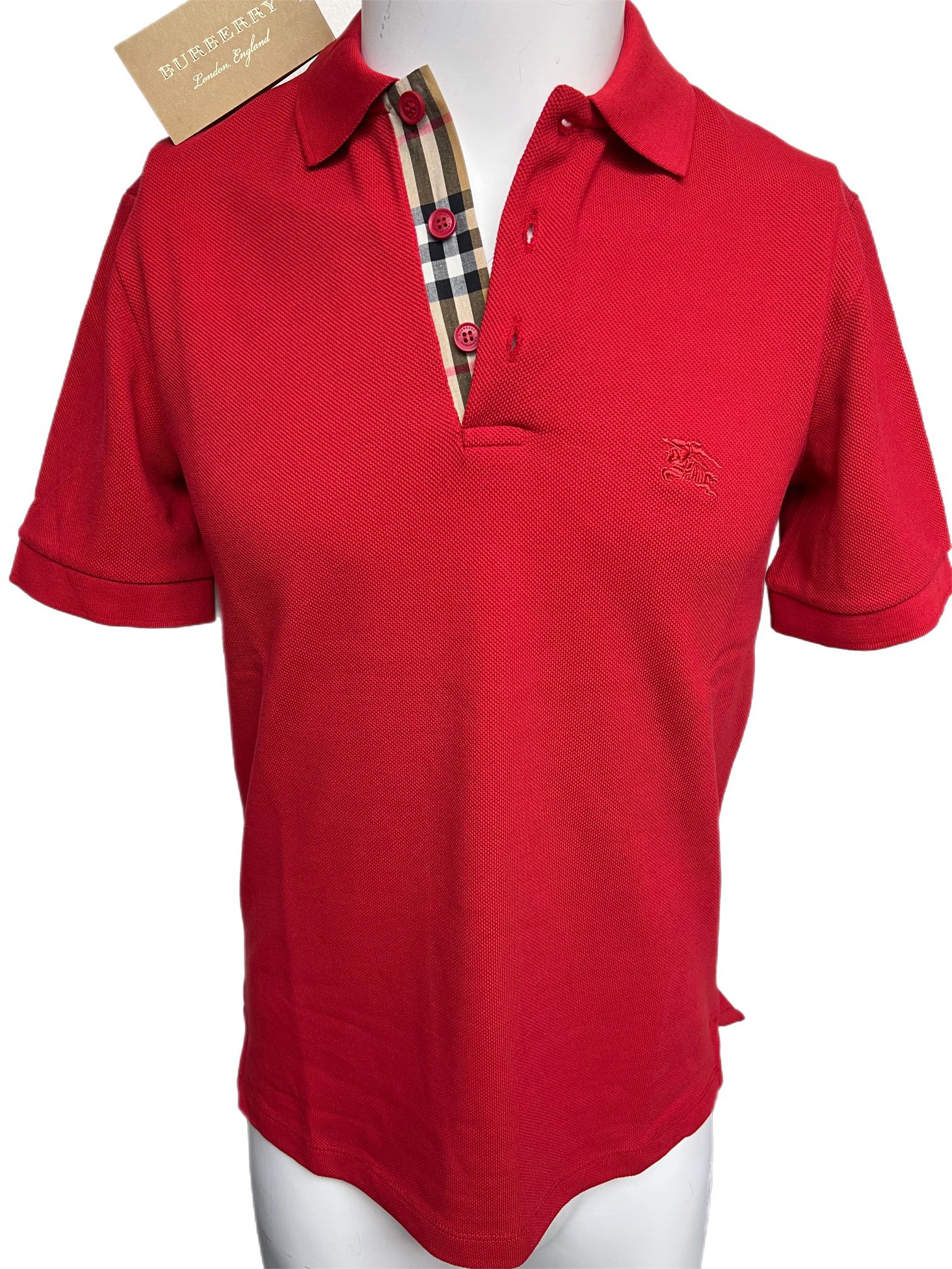 Burberry London Mens Military Red Check Placket Polo Shirt