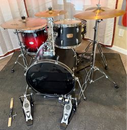 Complete 4 piece drum set Pearl Export 22 bass 12 tom & snare 16” PDP M7 floor Zildjian ZXT ride SABIAN cymbals stands new double pedal throne $550 ca