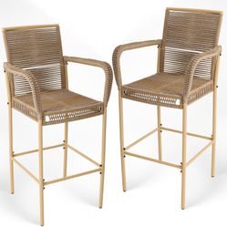  Outdoor Bar Stools Set of 2, Patio Bar Chairs with Armrests and Backrest Wicker Rattan (Beige)
