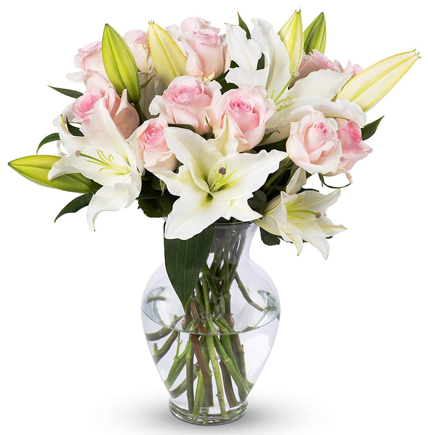 ight Pink Roses and White Oriental Lilies, With Vase (Fresh Cut Flowers) For Her On Valentines Day