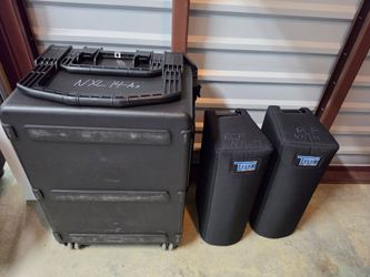 Pair of RCF NXL 14-A speakers with SKB case, covers and pole adapters