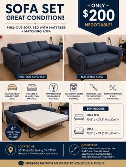 Sofa Bed/ pull out couch + mattress  + Matching Sofa Set – Great Condition