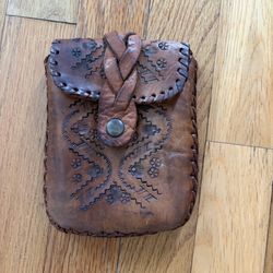 Vintage Hand Tooled Brown Leather Pouch - cigarette case hip pouch Mexico