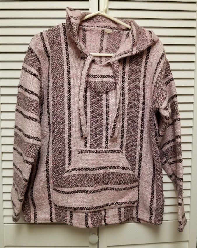 Vintage Baja Hoodie 1970's Woven Tunic Pink Beach Hippie