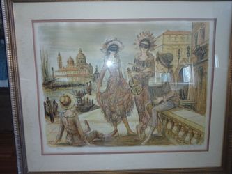 Framed Signed Numbered Lithograph Venice Carnival Scene