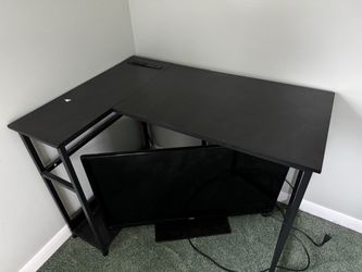 Black L-Shaped Corner Desk with Side Shelves