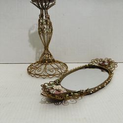 1940’s Stunning Gold Vanity Set Vanity Mirror and Candle Holder  Absolutely Gorgeous Gems Throughout The Pieces. I Gem Missing otherwise in excellent 