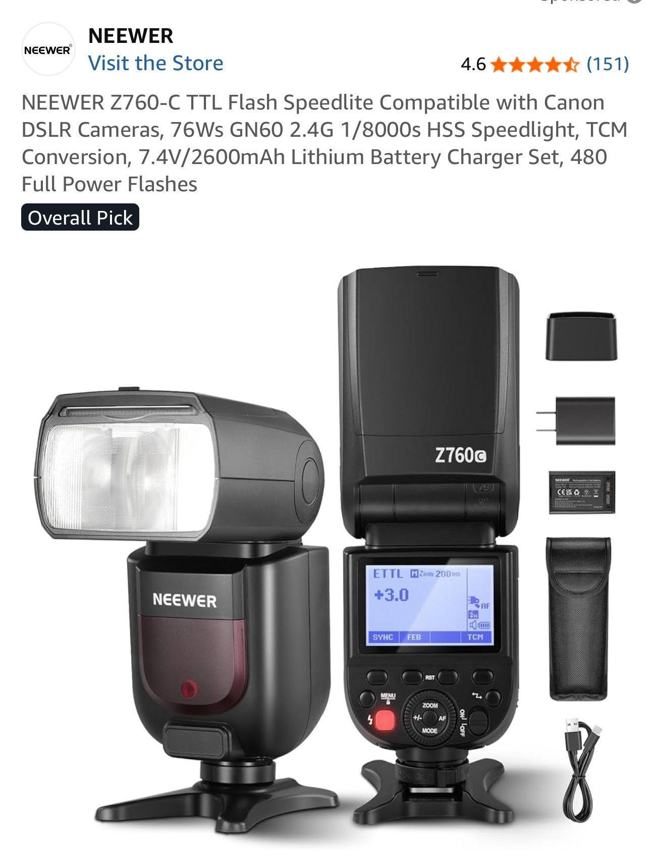 NEEWER Z760-C TTL Flash Speedlite Compatible with Canon DSLR Cameras, 76Ws GN60 2.4G 1/8000s HSS Speedlight, TCM Conversion, 7.4V/2600mAh Lithium Batt