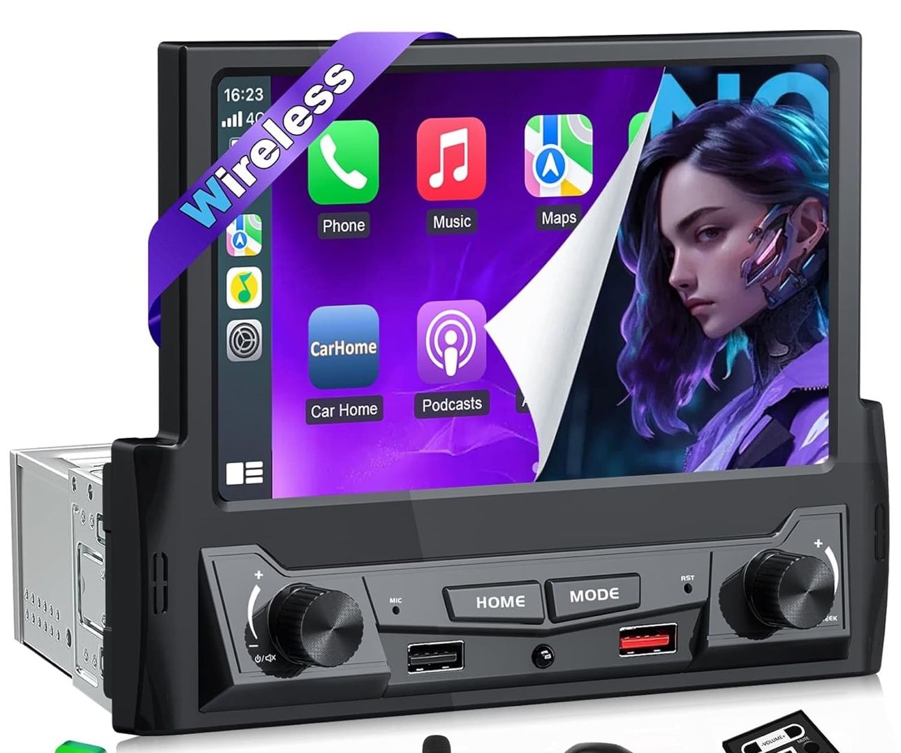 Single Din Flip Out Touchscreen Car Stereo with Wireless Carplay&Android Auto,7 inch IPS Motorized Flip up Screen Upgrade Fast Charging/2.4G+5G Dual W