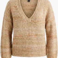 Wool alpaca blend sweater, J Crew puff sleeve V-neck in beige multi color, Size 