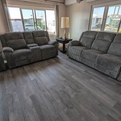 New Reclining Corduroy Couch / Love Seat With USB Port.  Grey.  Free Delivery!