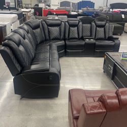 Jet Black Power Reclining Sectional With LED Lights 