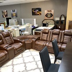 Real Leather Power Sectional Recliner With Power Headrest Massager And Heated Seats