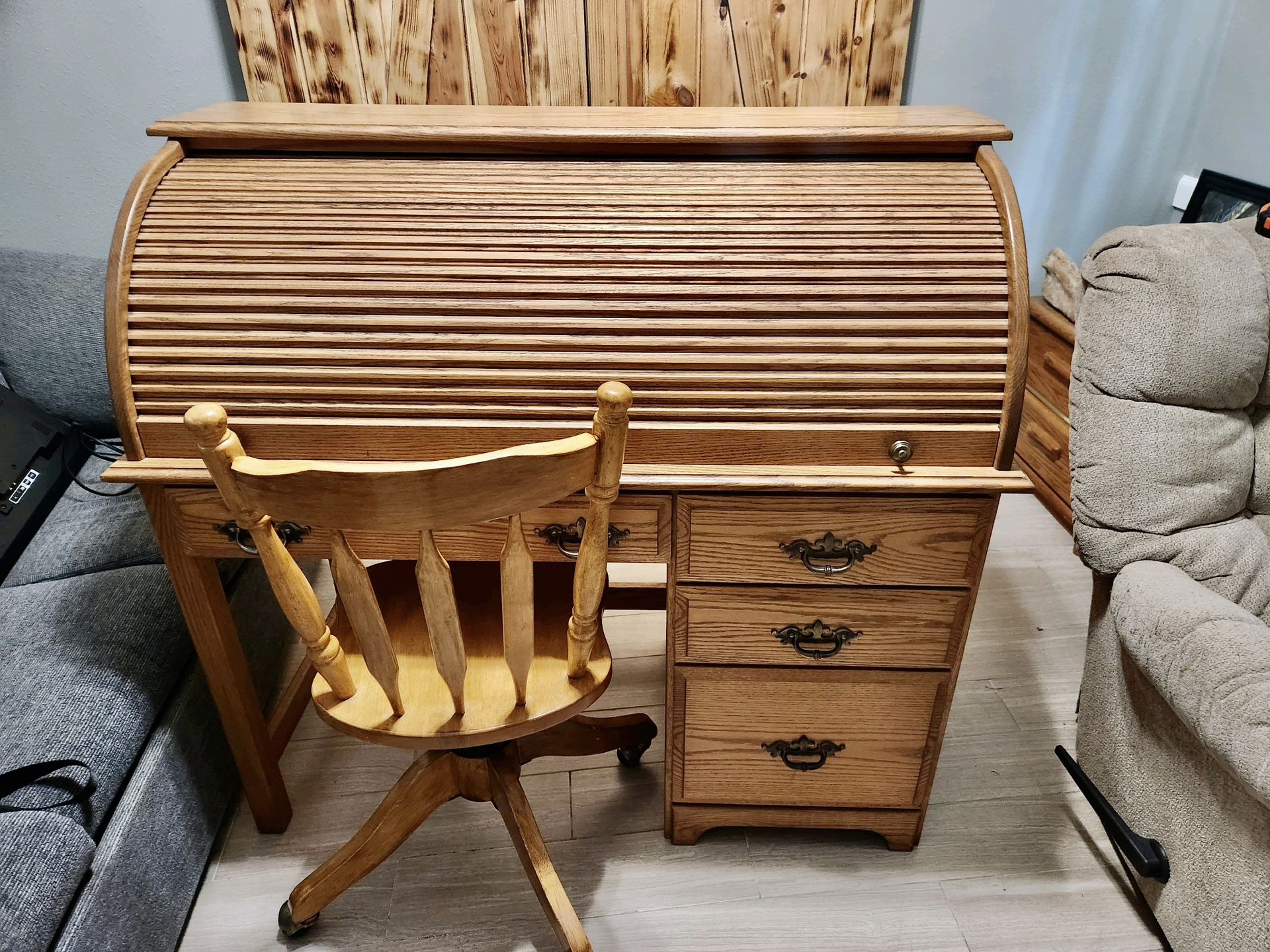 Roll Top Desk And Wooden Office Chair