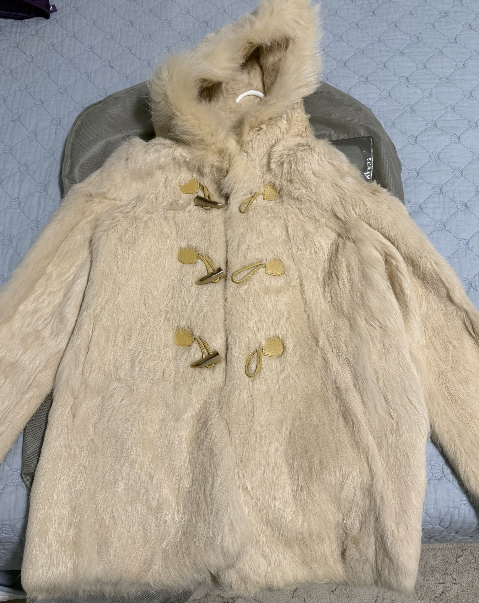 Ivory Rabbit Fur Toggle Hooded Jacket XS