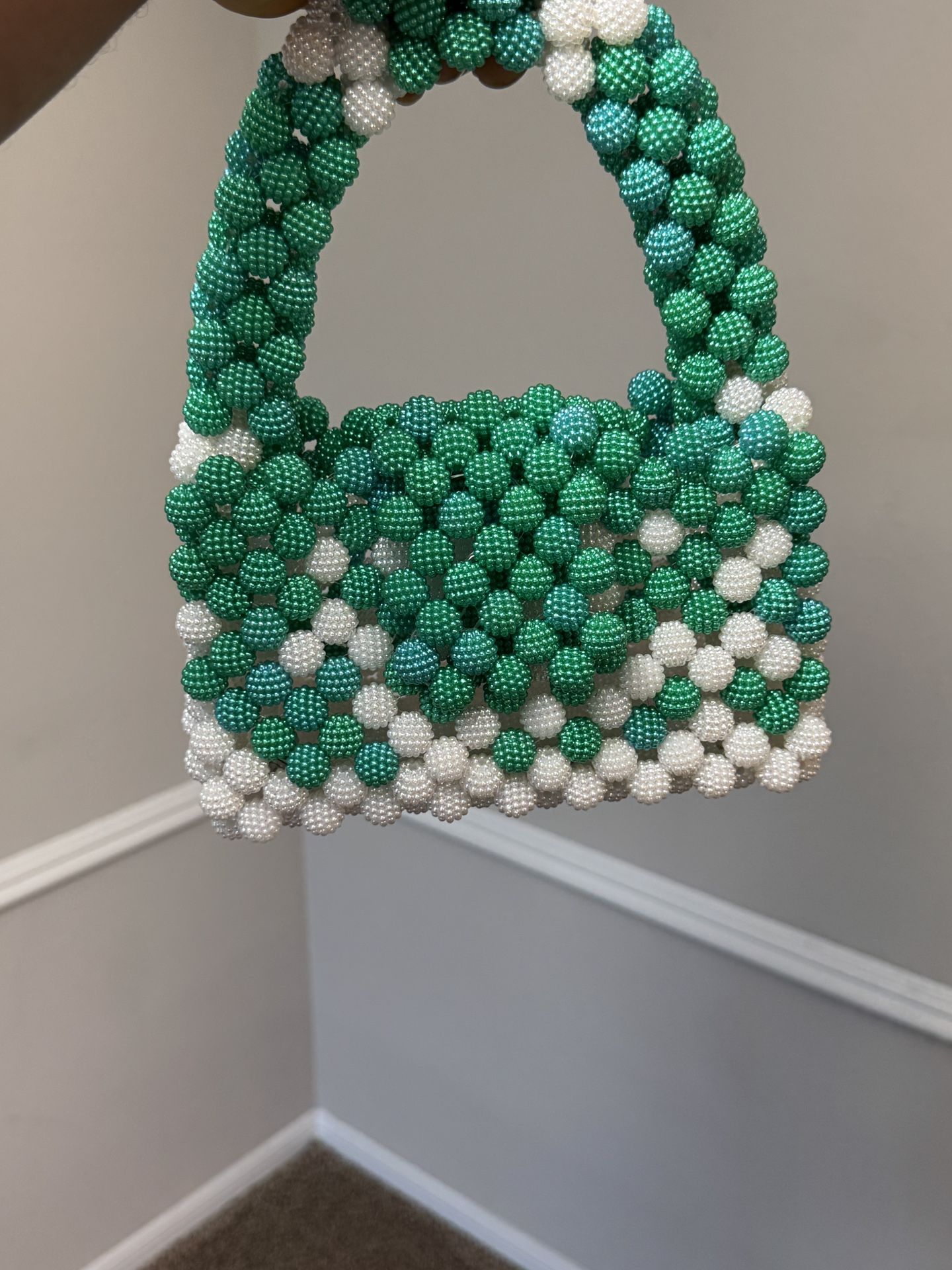 Handmade Beaded Bag – Green & White