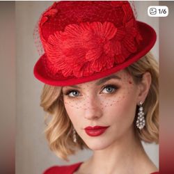 Elegant Red Floral Hat vintage brand August made in the USA wool 