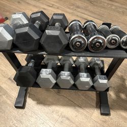 In NEW Condition Set Of Cast Iron Hex Dumbbells 3s, 5s, 10s, 12s, 15s & 20 pounds  (NO RACK INCLUDED)