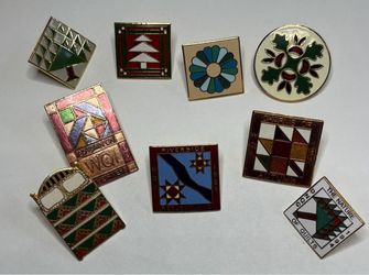 Lot of 9 Vintage Quilt Block Enamel Lapel Pins - WQI Dated & And Sew On Guild