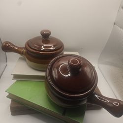 Vintage Brown Drip Mini Casserole Pots Set of 2 w/ Lids
