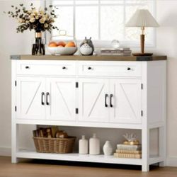 47.2" W Farmhouse Console Table with 2 Drawer, Hall Tables with Open Storage Shelf, Sofa Table, White&Brown