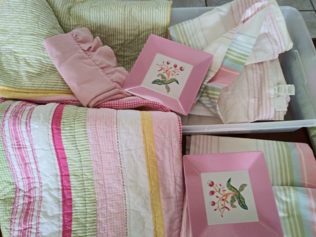 Pottery Barn twin quilt, curtains, rug, shelf and accessories