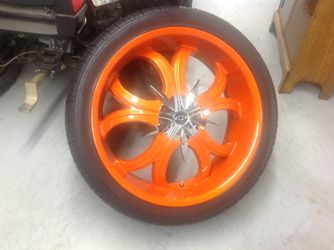 Lexani Mossa Turin 24” Rims w/ Brand New Nexen Roadian HP Tires Powder coated Orange Pearl