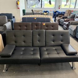 Faux Leather Upholstered Convertible Futon Sofa Bed for Compact Living Space, Apartment, Dorm(Black)  💰100  Warehouse Address:  2745 Boone st  Columb