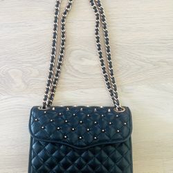 REBECCA MINKOFF STUDDED QUILTED AFFAIR BAG BLACK LEATHER CROSSBODY GOLD CHAIN