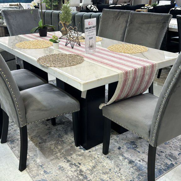 Finland grey dining set with 6 chairs in velvet material. Real marble top available 👍🏼Only $54 Down Payment 💸