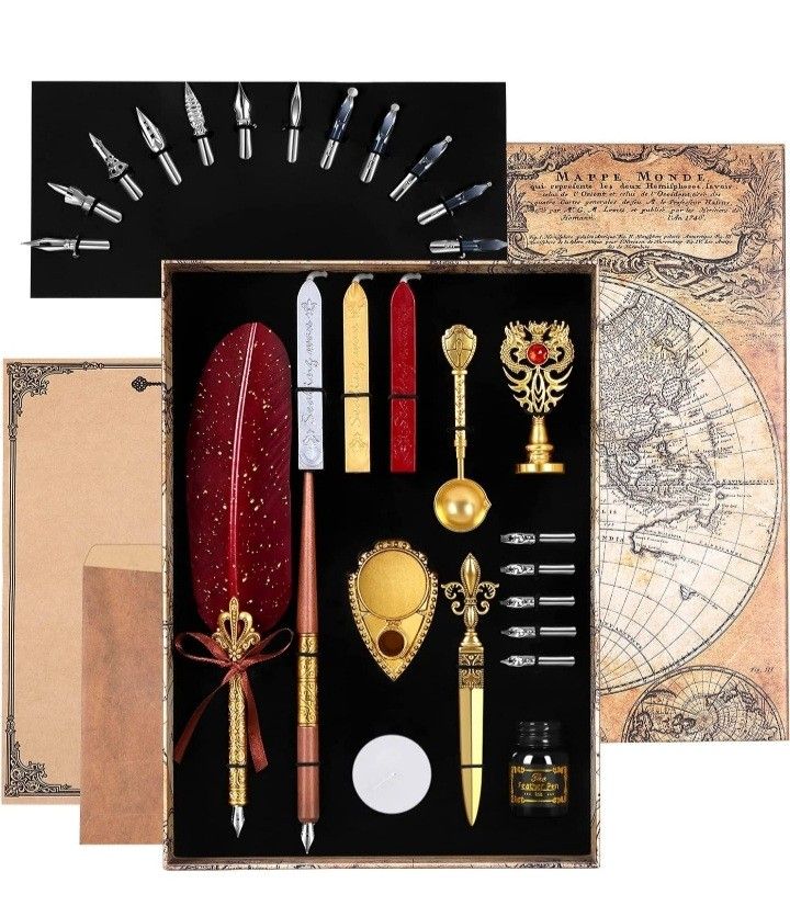 Antique Calligraphy Quill Ink Set,Calligraphy Quill ink Set,17 calligraphy pen nibs,Stamps And With Wax.Feather dip pen set-Red