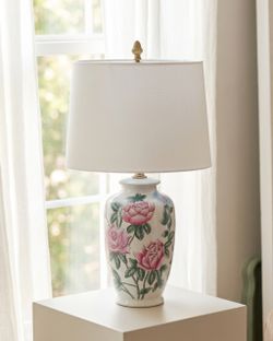 Floral Ceramic Table Lamp with White Shade