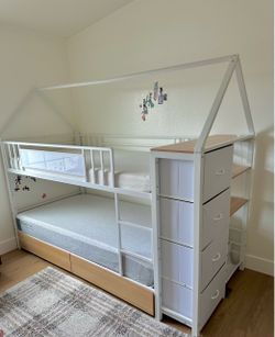 Like New Twin Bunk Bed for Kids with 6 Storage Drawers, Montessori Bookshelf, House Shaped Bed with Globe String Lights and USB Ports, Metal Low Bunk 