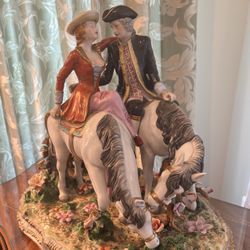 Antique Dresden Porcelain statuette COUPLE IN LOVE ON TWO WHITE HORSES 