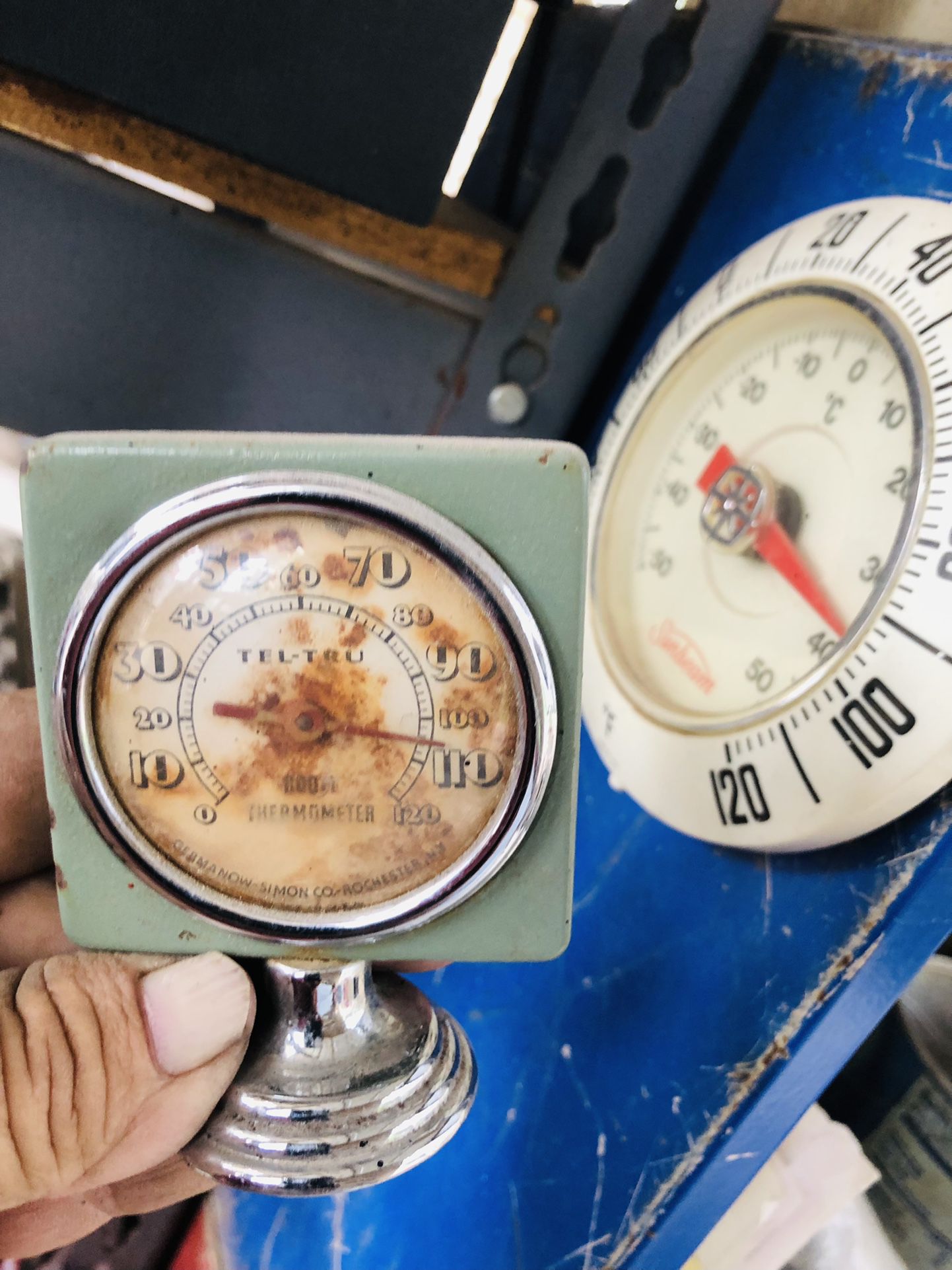 Antique temperature gauges one stands up magnetically the other one sticks to flat surface both work