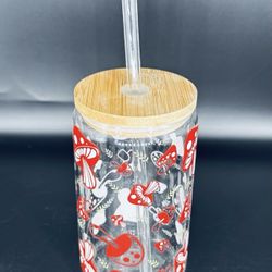 Mushroom Glass Tumbler, Wood Lid Glass Straw 