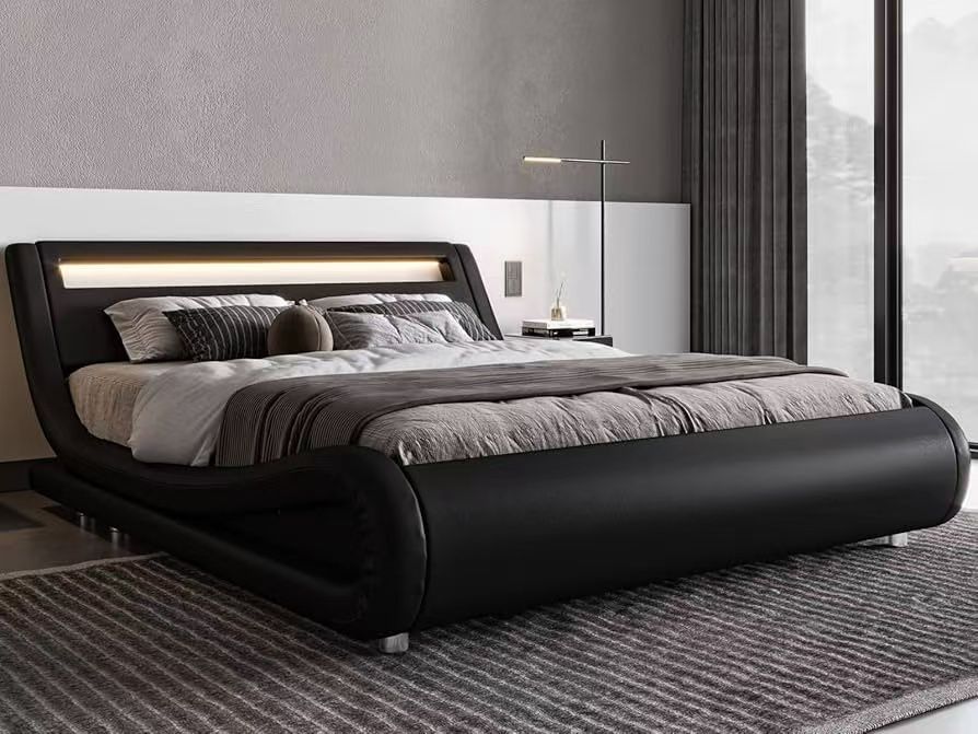 Bed base with King size led platform with adjustable headboard, no need for box spring, easy assembly, synthetic leather in black. $180