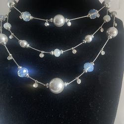 Vintage Tiered Iridescent Station Bead Three Layered Satellite Statement Silver Tone Chocker Necklace 