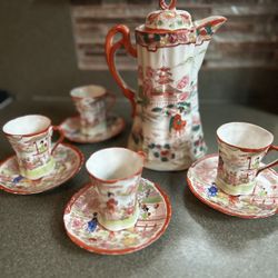 JAPANESE ORANGE NIPPON KUTANI TEA POT WITH 4 CUPS & 4 SAUCERS