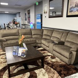 Brown Sofa Sectional w/ Wireless Charger & 3 Power Motion Recliners 