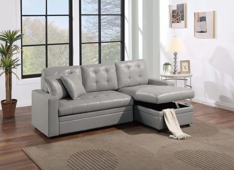 Brand New Grey Leather Sectional Sofa Storage Sleeper