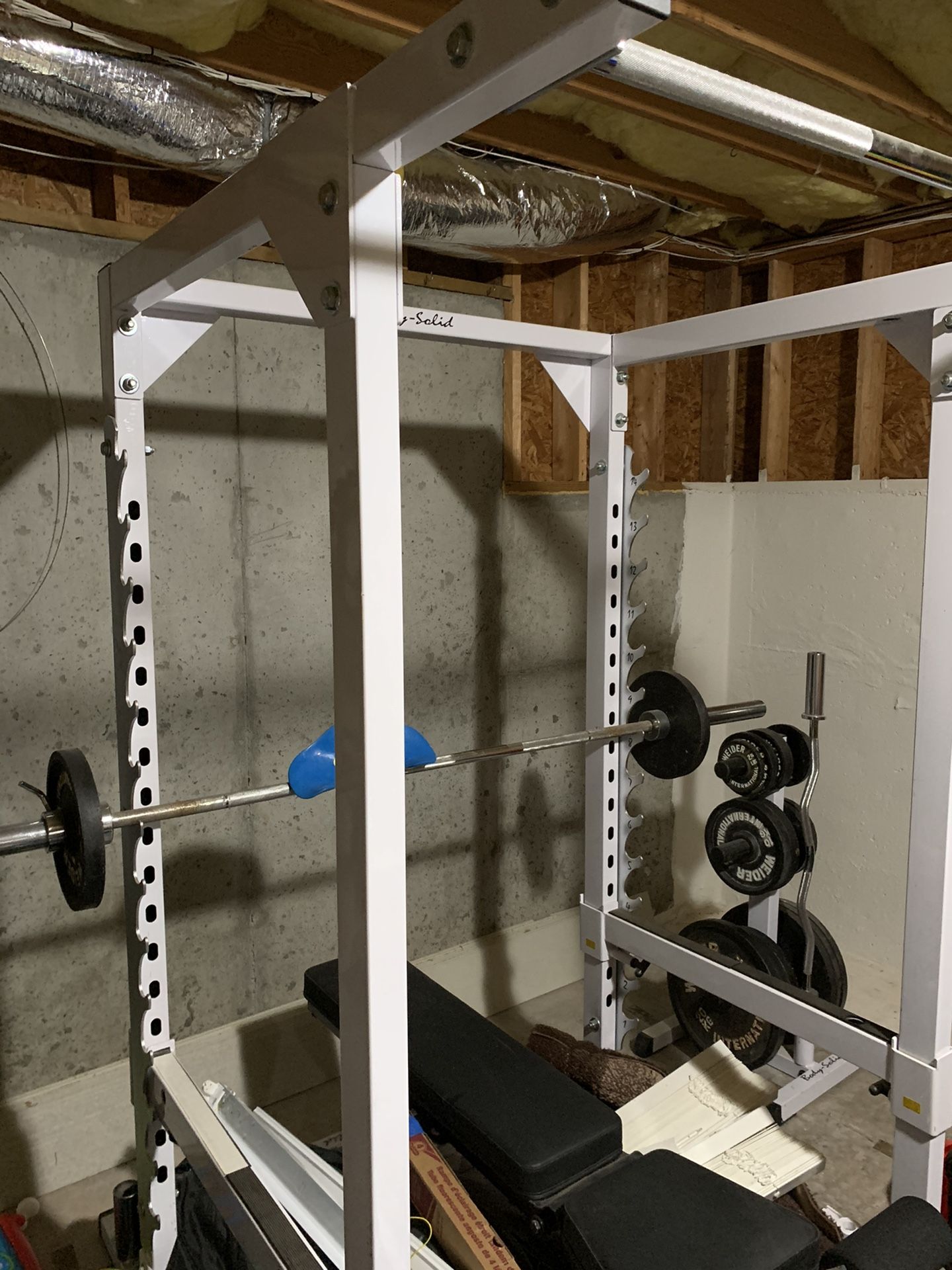 Squat rack/ Bench/Weight Tree/ Olympic plates and bars - Body Solid