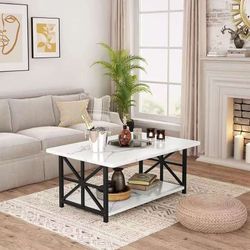 Coffee Table with Round Corners, 2 Tier Coffee Table with Storage Shelf, Rectangular Center Table for Living Room Modern Style, Marble Tea Table 39.37