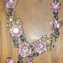 Pink and silver butterfly necklace