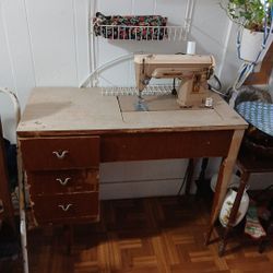 Old Singer Machine And Table, Misc Material  Pieces 