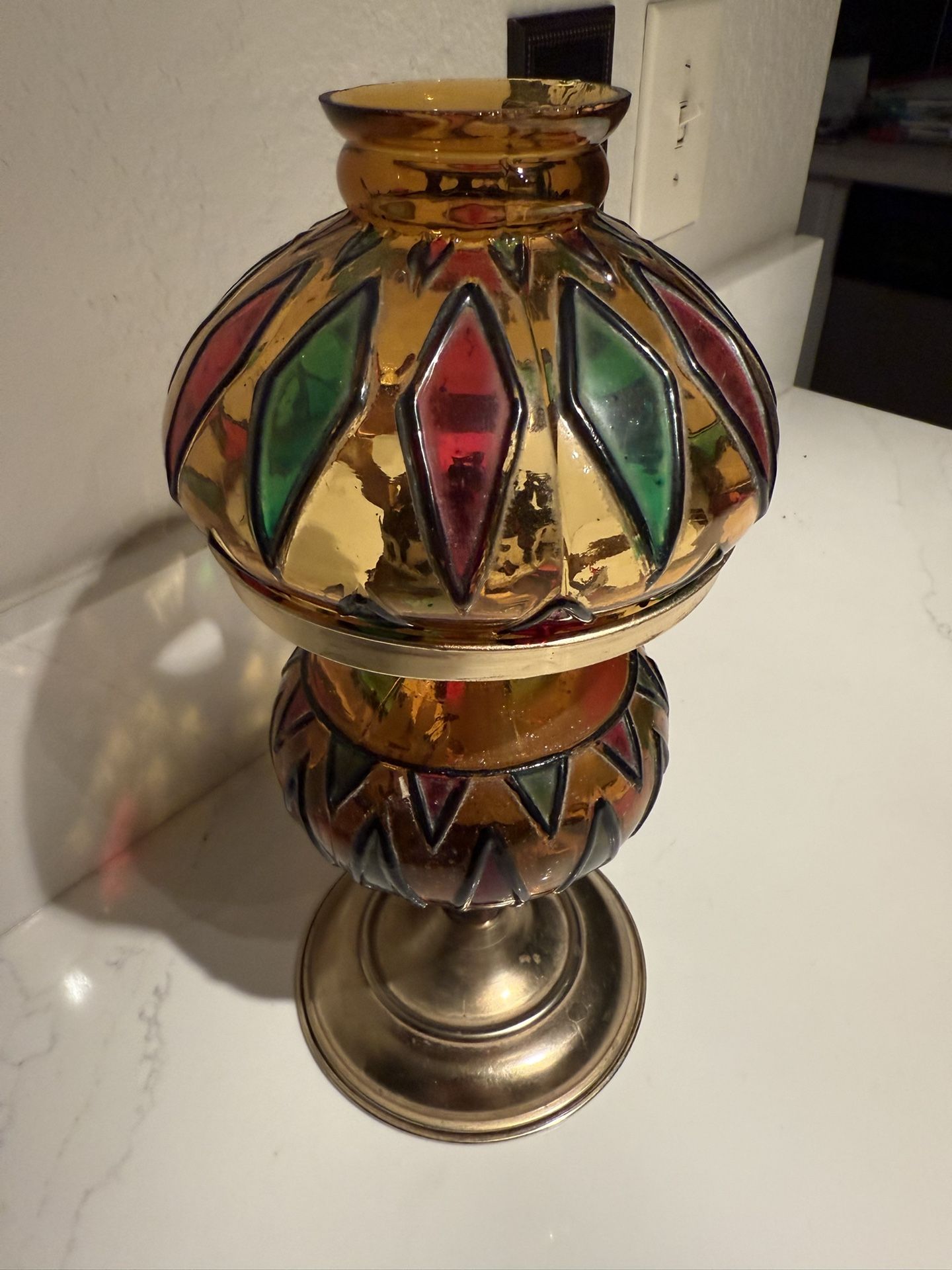 Antique Stained Glass Oil Lamp
