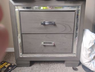 Gray Wood Nightstand with Mirror Trim
