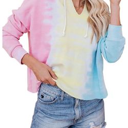 Women’s Casual Tie Dye Print Hoodie Long Sleeve Loose Pullover Sweatshirt Color Block Tunic Tops